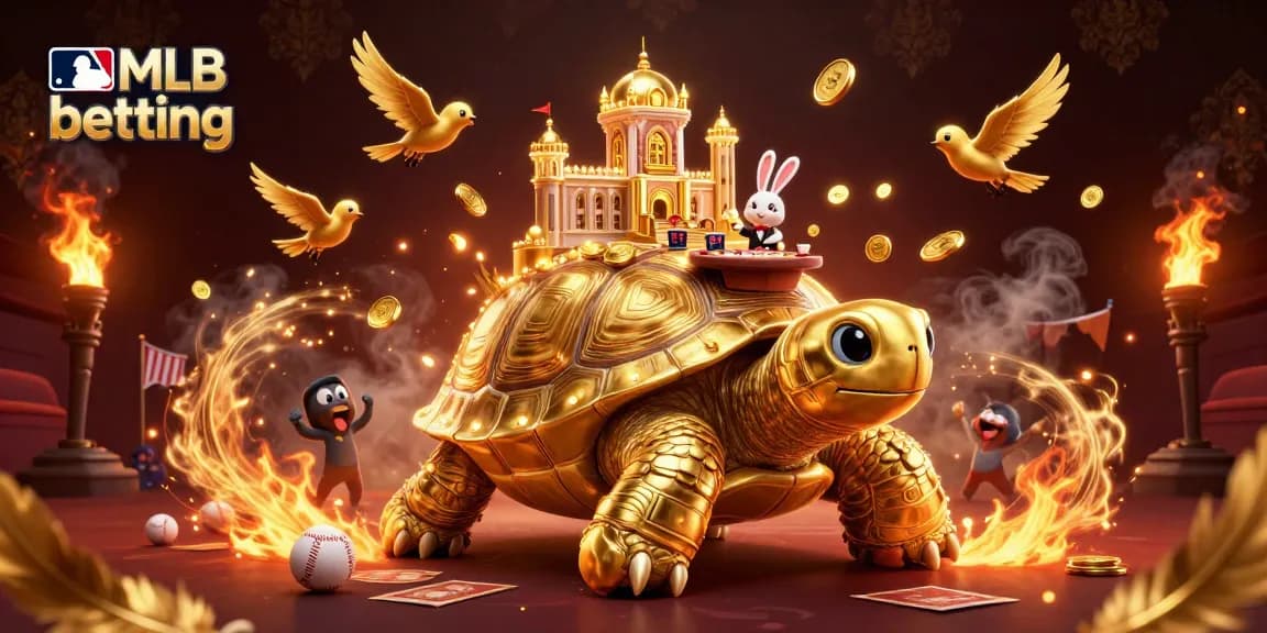 Engage in mlb betting with a vibrant scene of a golden tortoise casino and rabbit dealer.