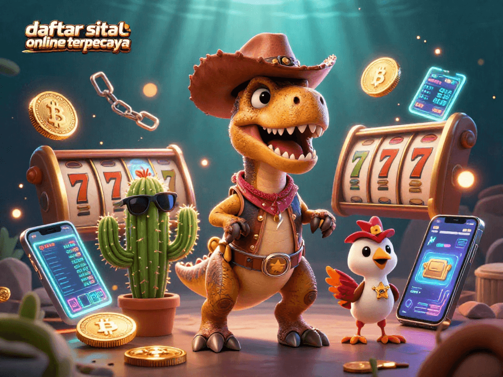Daftar situs slot online terpercaya dengan gambar ilustrasi karakter kasino yang menarik dan penuh warna.