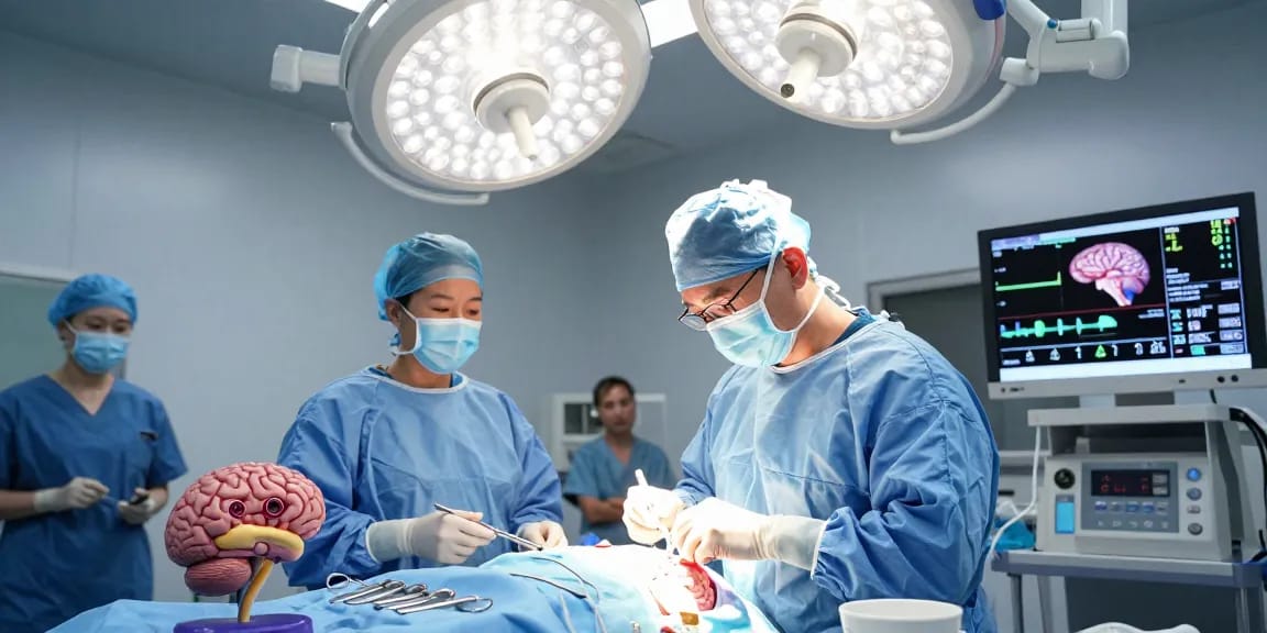 Beyin ameliyatı in progress showcasing a neurosurgeon and team in a modern sterile operating room focused on brain surgery with advanced equipment.
