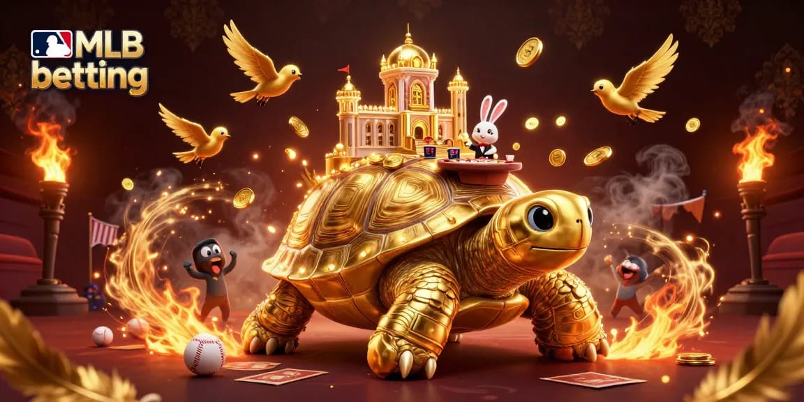 Engage in mlb betting with a vibrant scene of a golden tortoise casino and rabbit dealer.