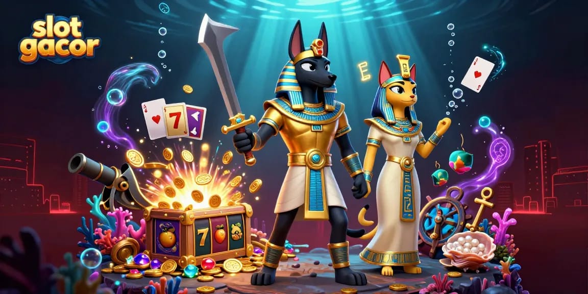 Experience the excitement of slot gacor with a dynamic 3D illustration featuring Anubis and Bastet amidst riches.