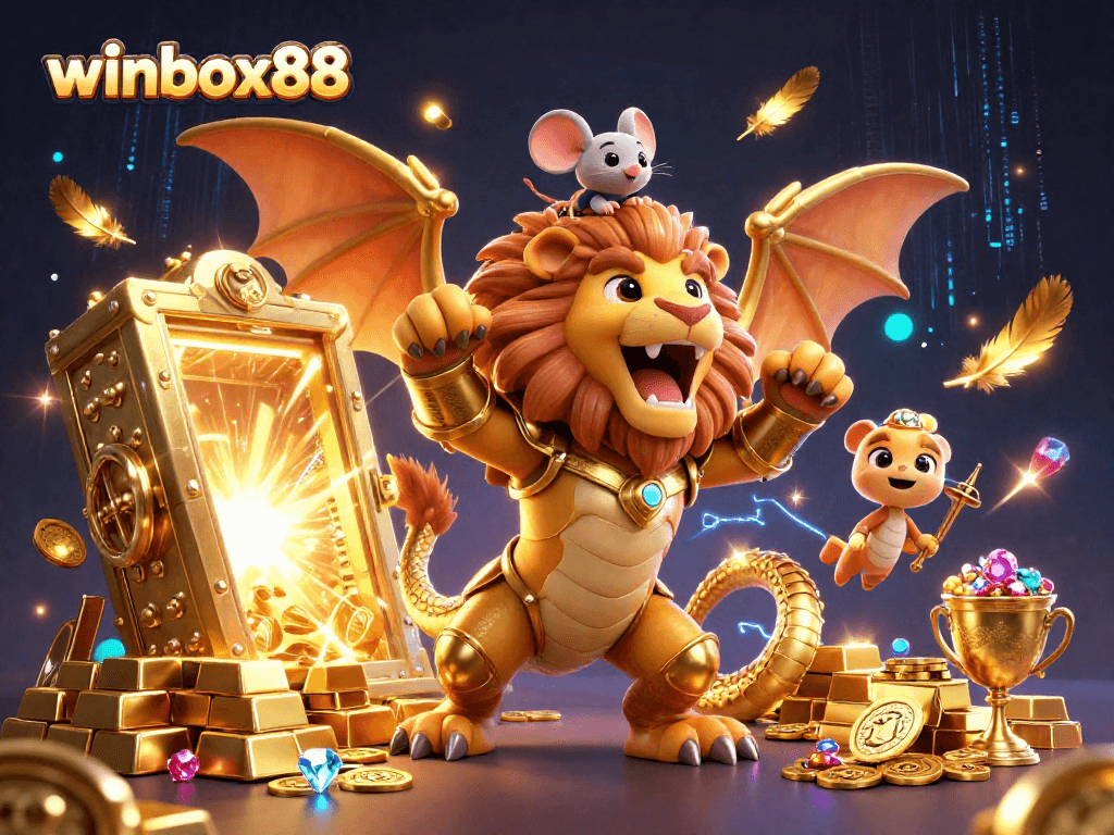 Winbox88 showcases an adventurous chimera creature in golden armor amidst treasures in an online casino.
