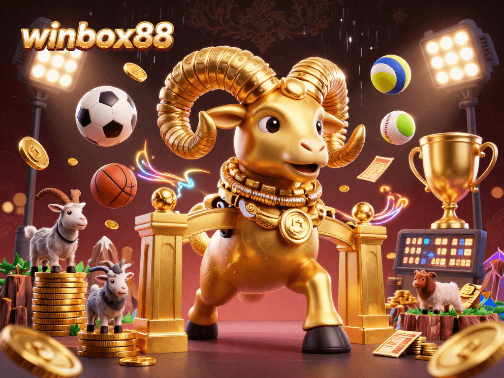 winbox88 showcases a vibrant 3D scene of a golden ram charging through a casino with sports elements, symbolizing thrilling betting action.
