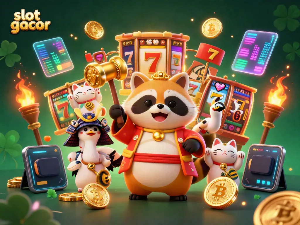 Experience winning with slot gacor in an ultra-detailed 3D casino scene featuring lively tanuki, colorful maneki-neko cats, and jackpot elements.