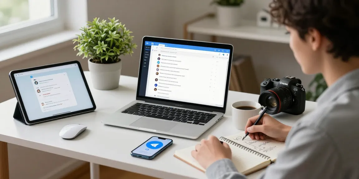 Engaged user accessing Telegram Web Version on a modern laptop in a stylish home office setup, showcasing productivity and technology.