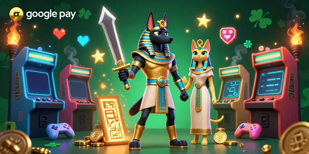 Engage with the dynamic "google pay casino" scene featuring Anubis and Bastet surrounded by glowing arcade games.