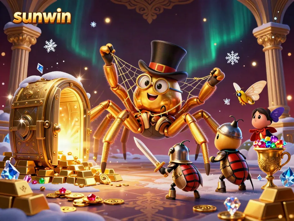 Win big at sunwin with a golden tarantula weaving a web of riches in a vibrant casino scene.
