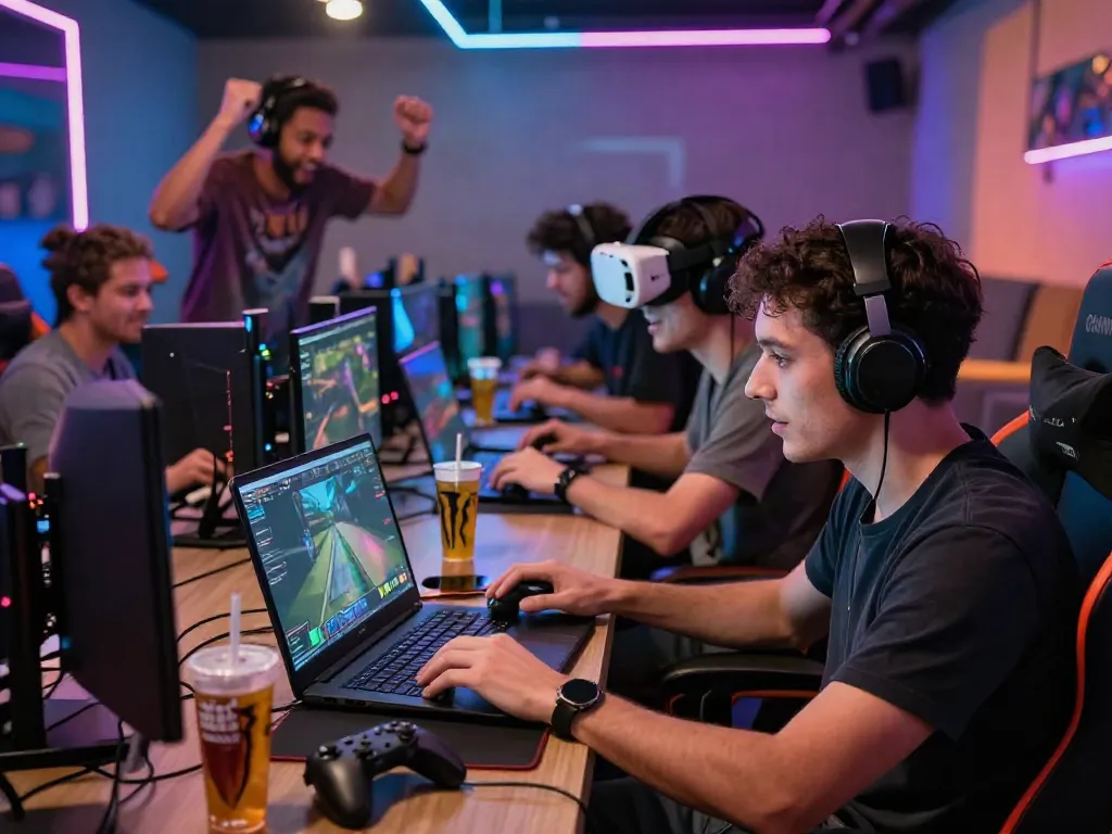 This gaming lounge showcases an engaging group of players at https://manclub1.jp.net/ with colorful lighting and high-tech equipment.
