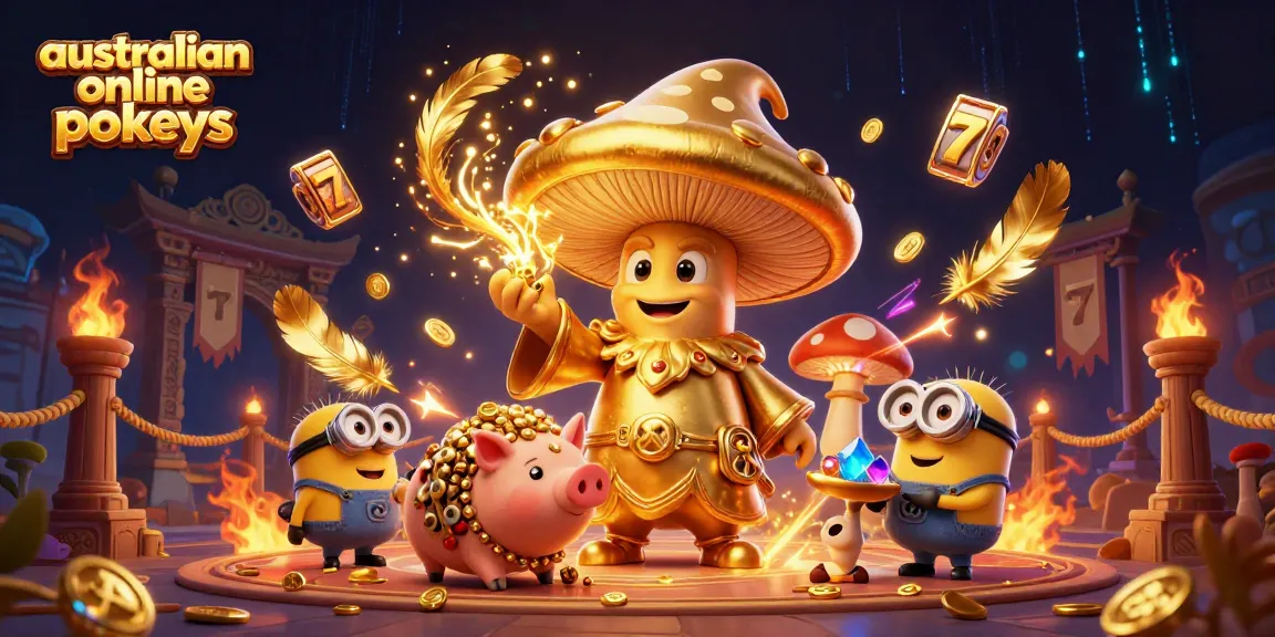 Spin the winning australian online pokies in a magical golden scene filled with treasures.