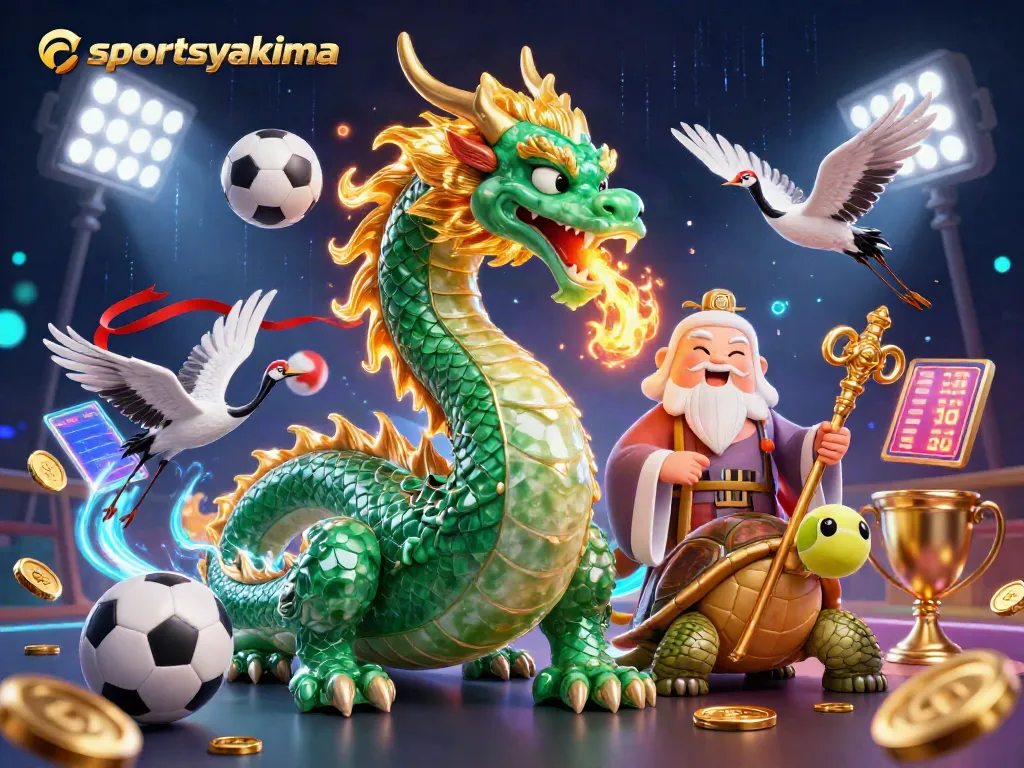 Experience sportsyakima with a vibrant 3D illustration of an emerald dragon and lucky cranes in a rich gambling scene.