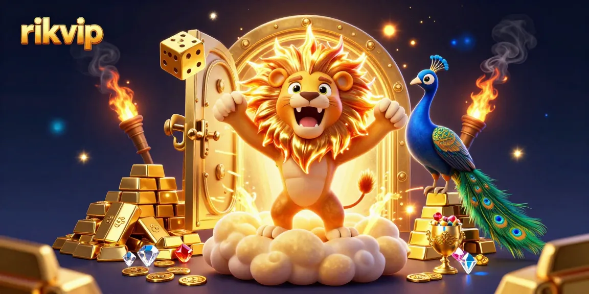 Experience the thrill of rikvip with a roaring lion and golden treasures in an exciting casino adventure.