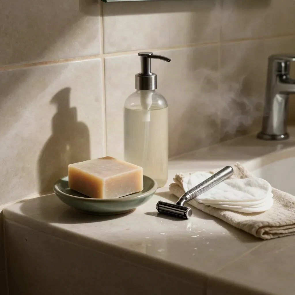 Badkamerplank met vaste zeep, hervulfles, scheermes en wasbare pads op ruwe tegels.