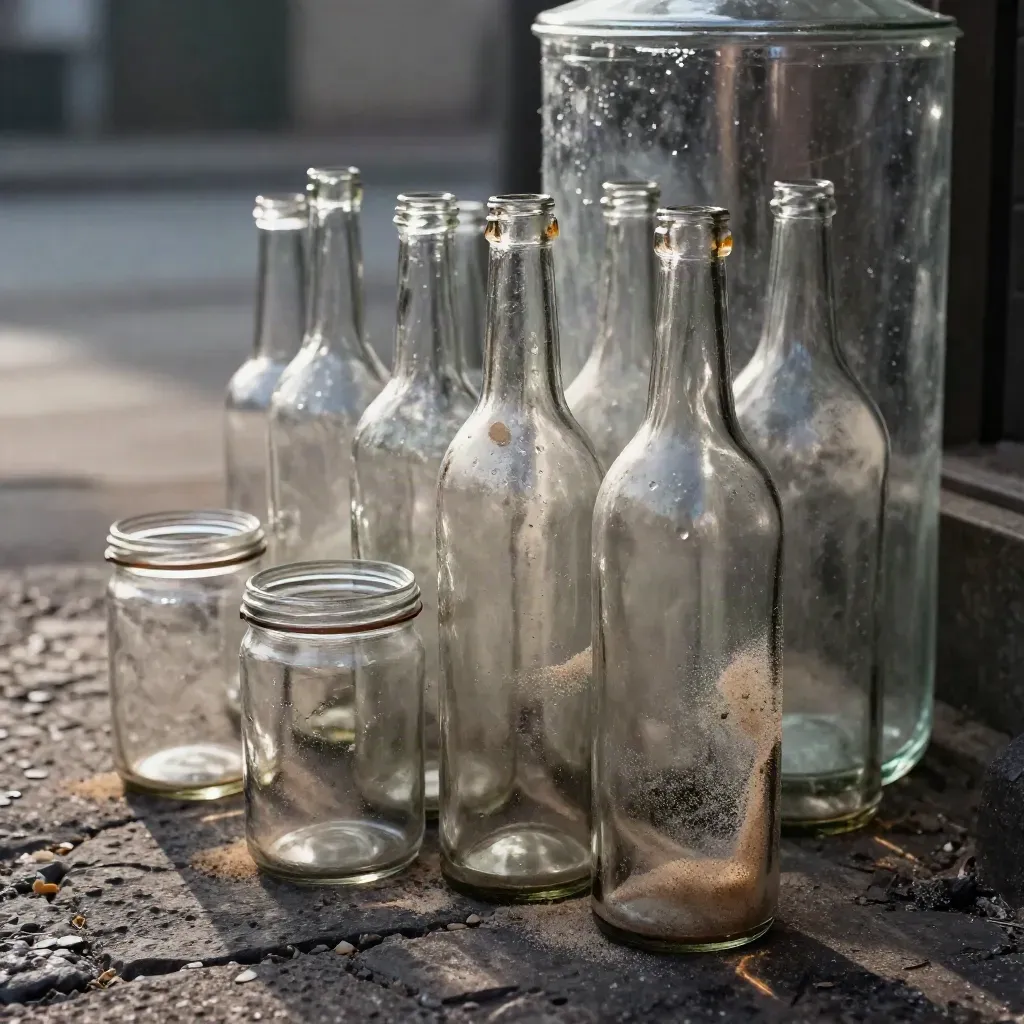 Lege glazen flessen en potten naast een glascontainer op een straat van klinkers in de vroege ochtend.