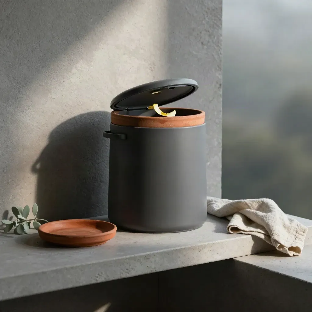 Balkon-compostbak met terracotta schotel, klein plantje en doek op een stenen plank.