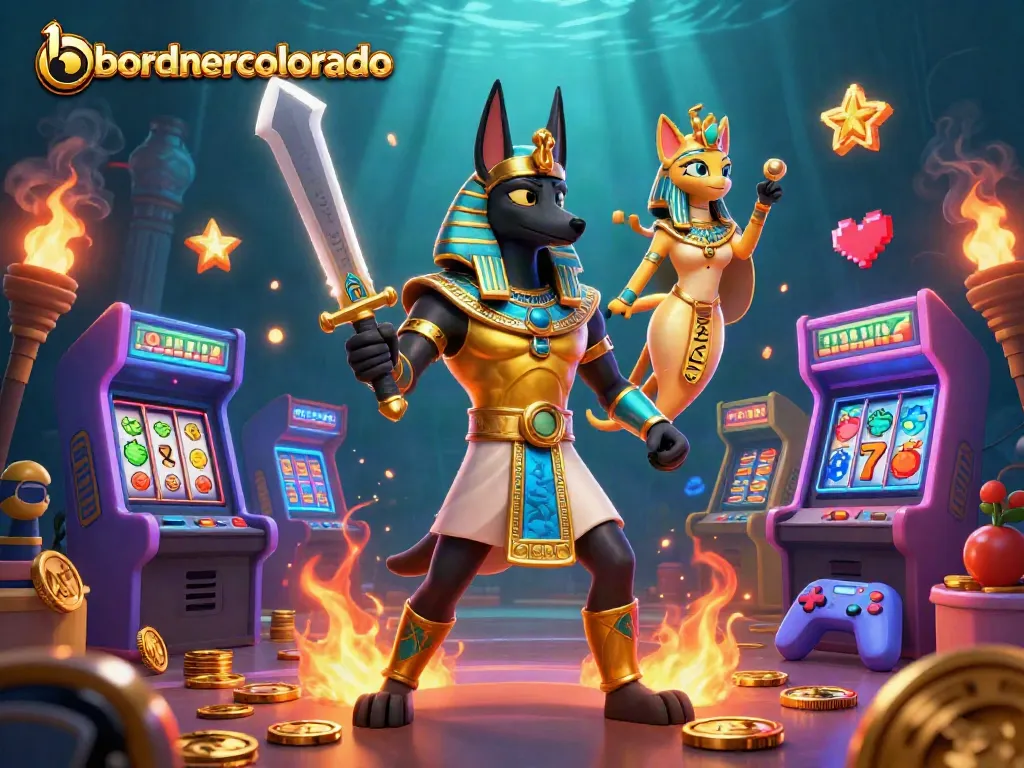 Experience excitement at bordnercolorado with Anubis and Bastet amidst slot machines and vibrant game elements.