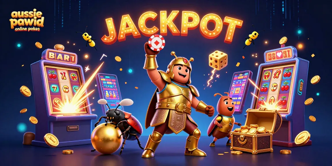 Aussie PayID online pokies feature lively characters celebrating wins amidst vibrant casino elements.