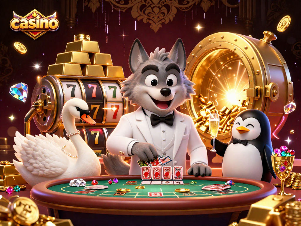 Experience dynamic casino action with an elegant wolf, swan, and penguin amidst jewel-filled treasures.