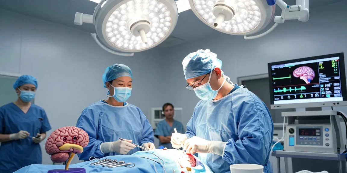 Beyin ameliyatı in progress showcasing a neurosurgeon and team in a modern sterile operating room focused on brain surgery with advanced equipment.