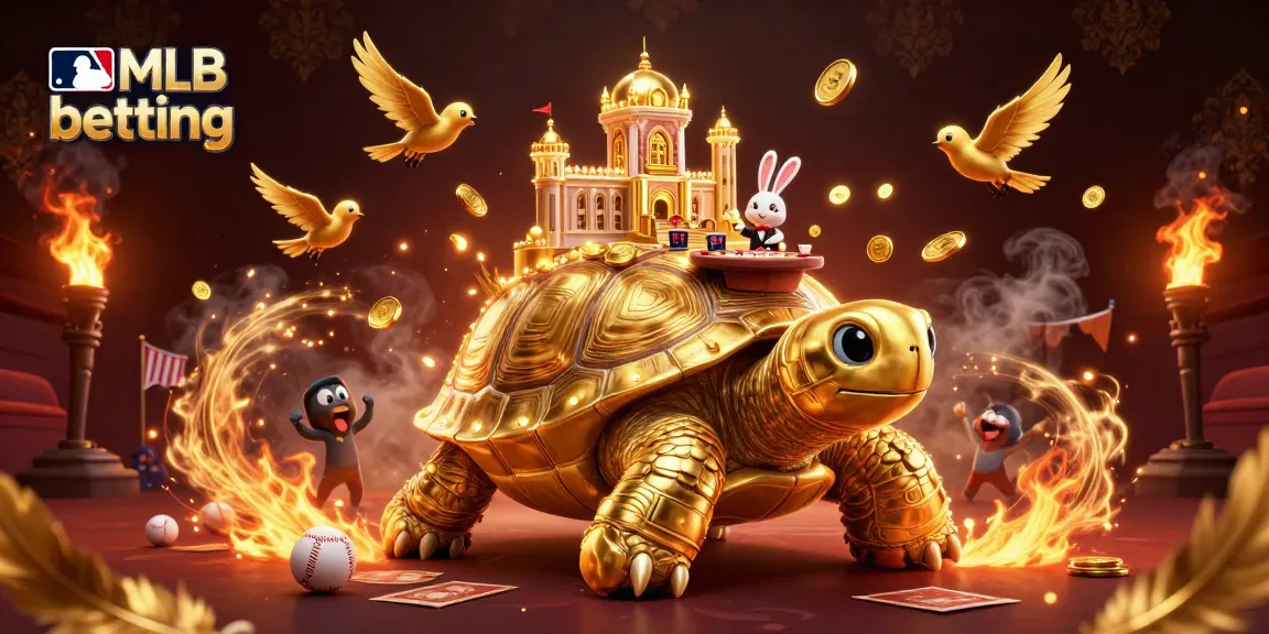 Engage in mlb betting with a vibrant scene of a golden tortoise casino and rabbit dealer.