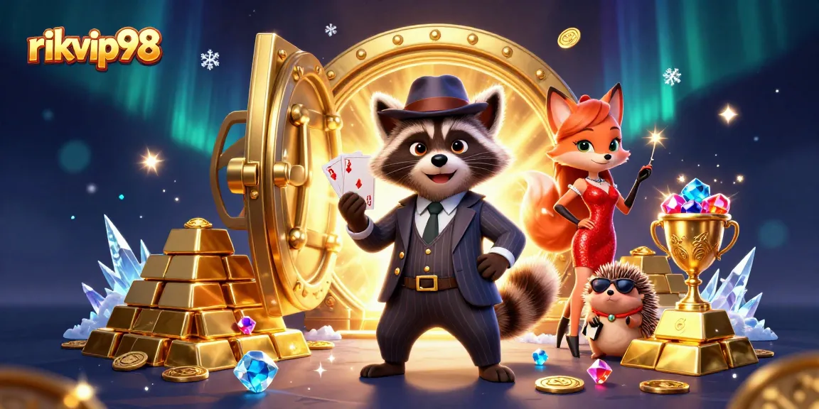 Experience thrilling gameplay at rikvip98 with a suave raccoon and elegant fox in a vibrant casino scene.