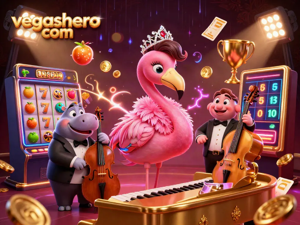 Engage with vegashero com at this vibrant, interactive casino scene featuring iconic characters and gaming elements.