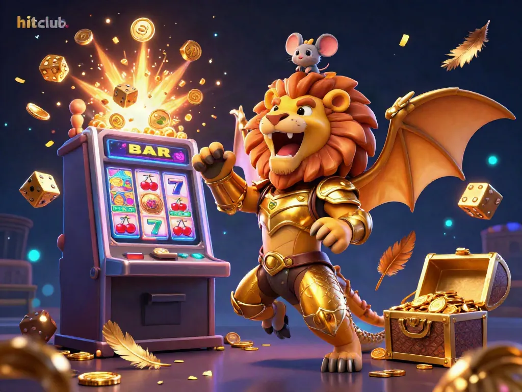 Experience the thrill of hitting jackpots at hitclub. with this vibrant 3D casino scene featuring a chimera and dynamic slot machine.