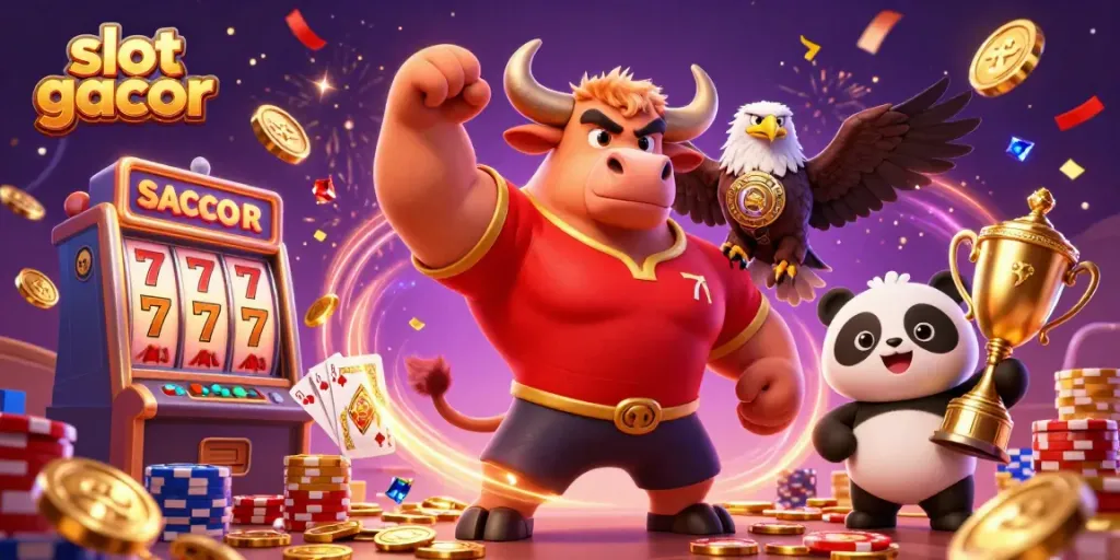 Experience the thrill of slot gacor with exuberant characters celebrating a jackpot win amidst dazzling casino elements.