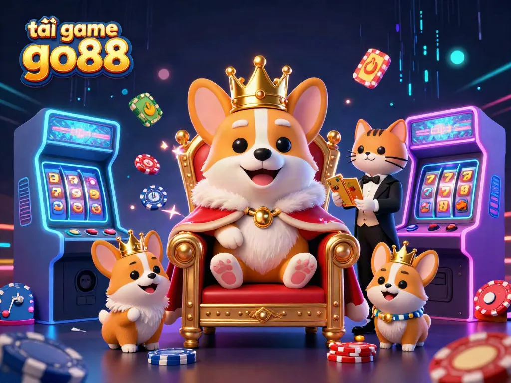 Engage in thrilling gameplay with tải game go88 featuring a charismatic royal corgi on a poker chip throne amidst vibrant slot machines.