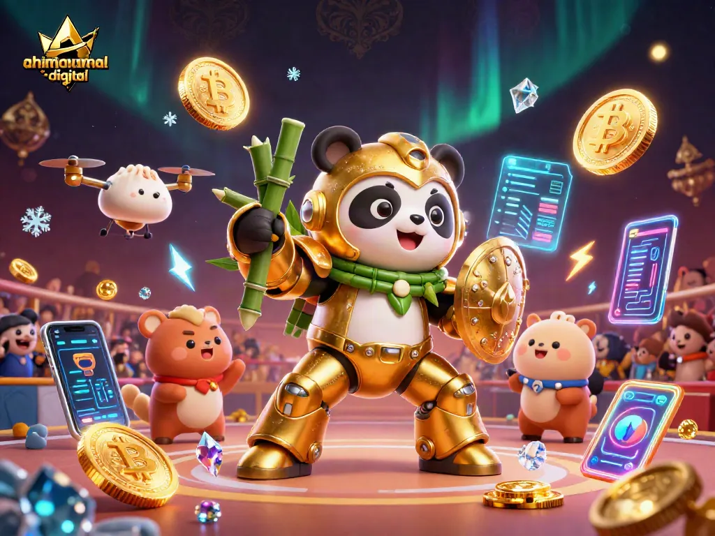 Engage with ahimajournal-digital's vibrant illustration of a golden panda in a mech-suit at an exciting casino scene.