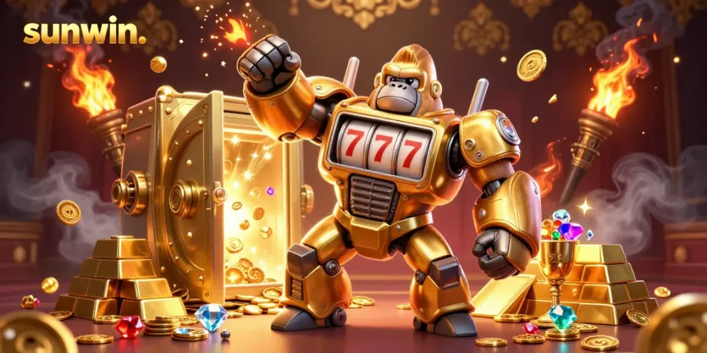 Experience the excitement at sunwin. with a golden gorilla mech surrounded by treasures and casino elements.