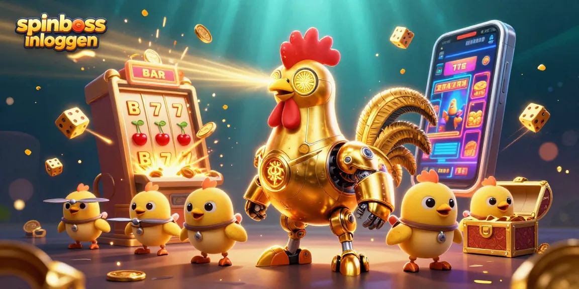 Engage with spinboss inloggen, featuring a golden rooster robot amid exploding jackpots and vibrant casino elements.