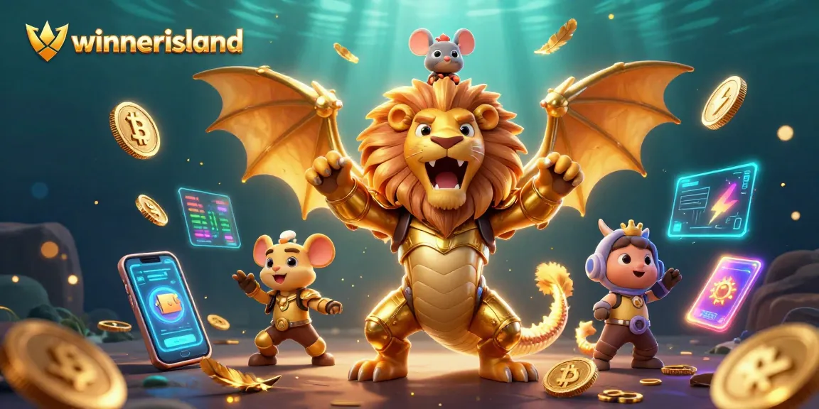 Winnerisland players celebrating wins with a triumphant chimera and glowing crypto elements.