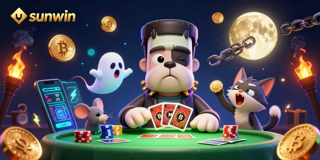 Win big with sunwin as the Frankenstein bulldog monster deals cards in a spooky casino scene.