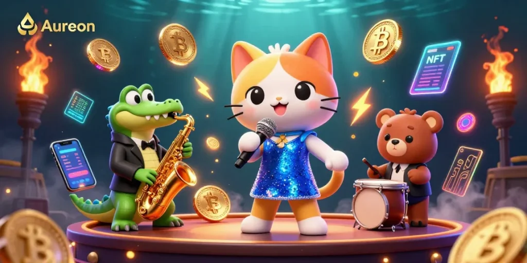 Aureon casino scene featuring a jazz-singer cat, saxophonist crocodile, and drummer bear cub.