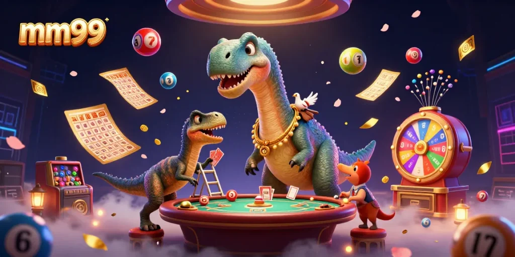 Experience the thrilling mm99 gaming scene with vibrant lottery elements and charming characters.